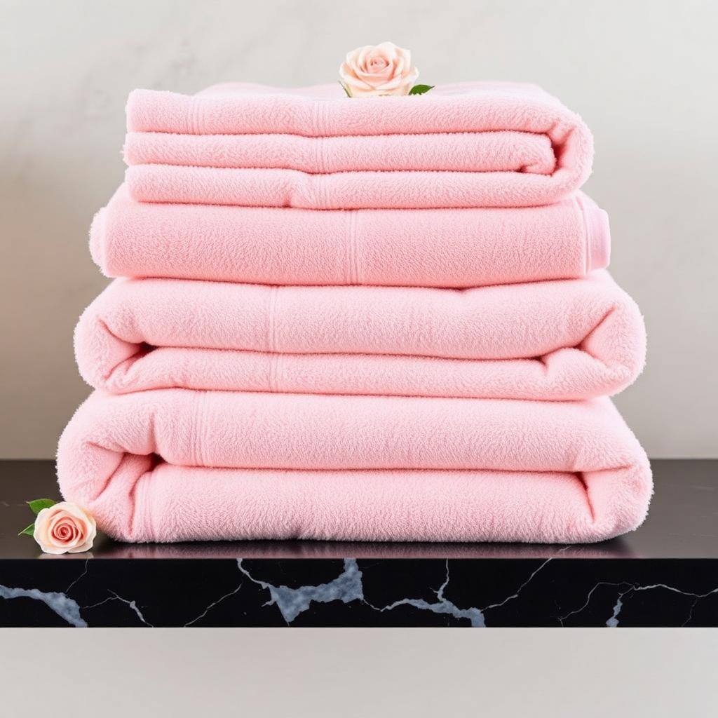 Folded blush pink towels styled on black marble