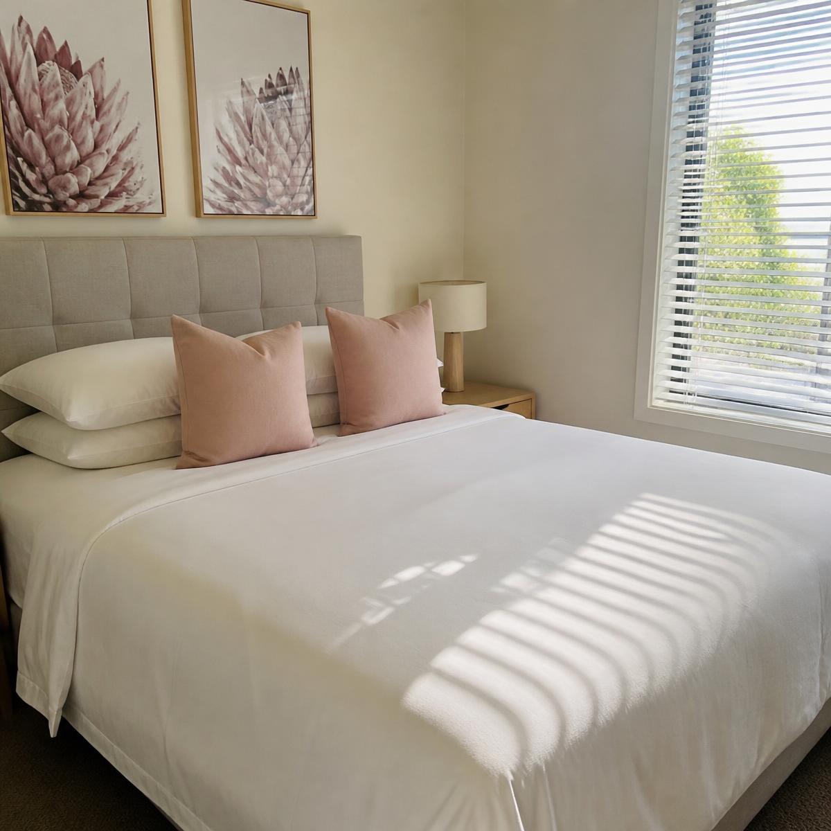 Neatly made bed with crisp fresh linens