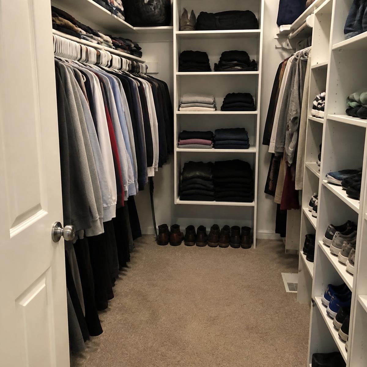Organized walk-in closet after a professional cleaning